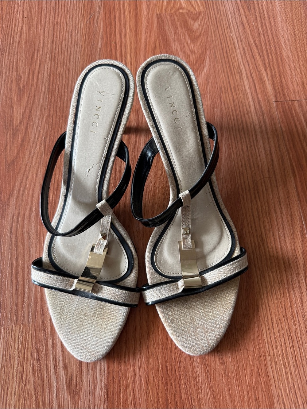 Vincci Camuto Beige and Black Strappy Heeled Sandals